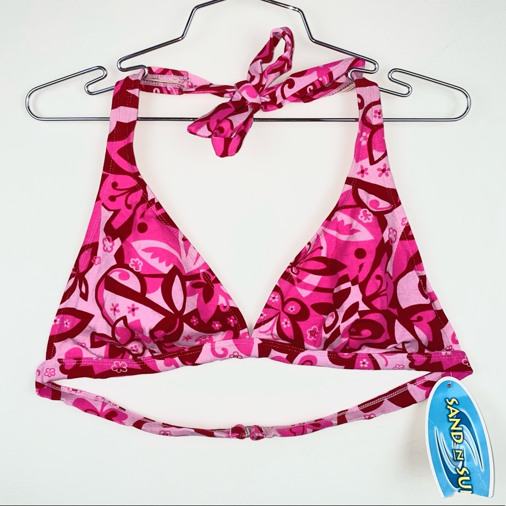 Retro 90s vintage swim suit bikini top pink groovy patterned 2X XXL DD